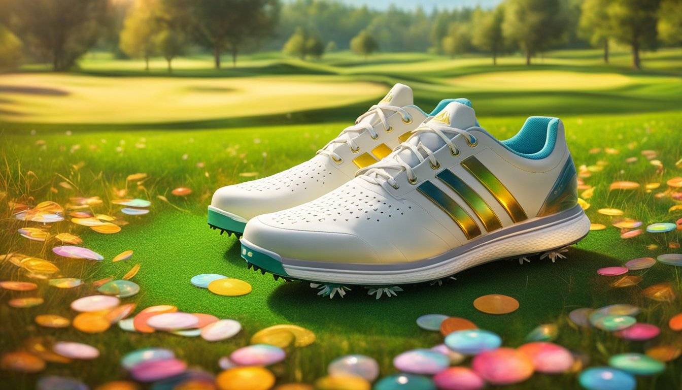 A pair of Adidas S2G Spikeless Golf Shoes sits on a grassy disc golf course, surrounded by scattered discs and a distant basket